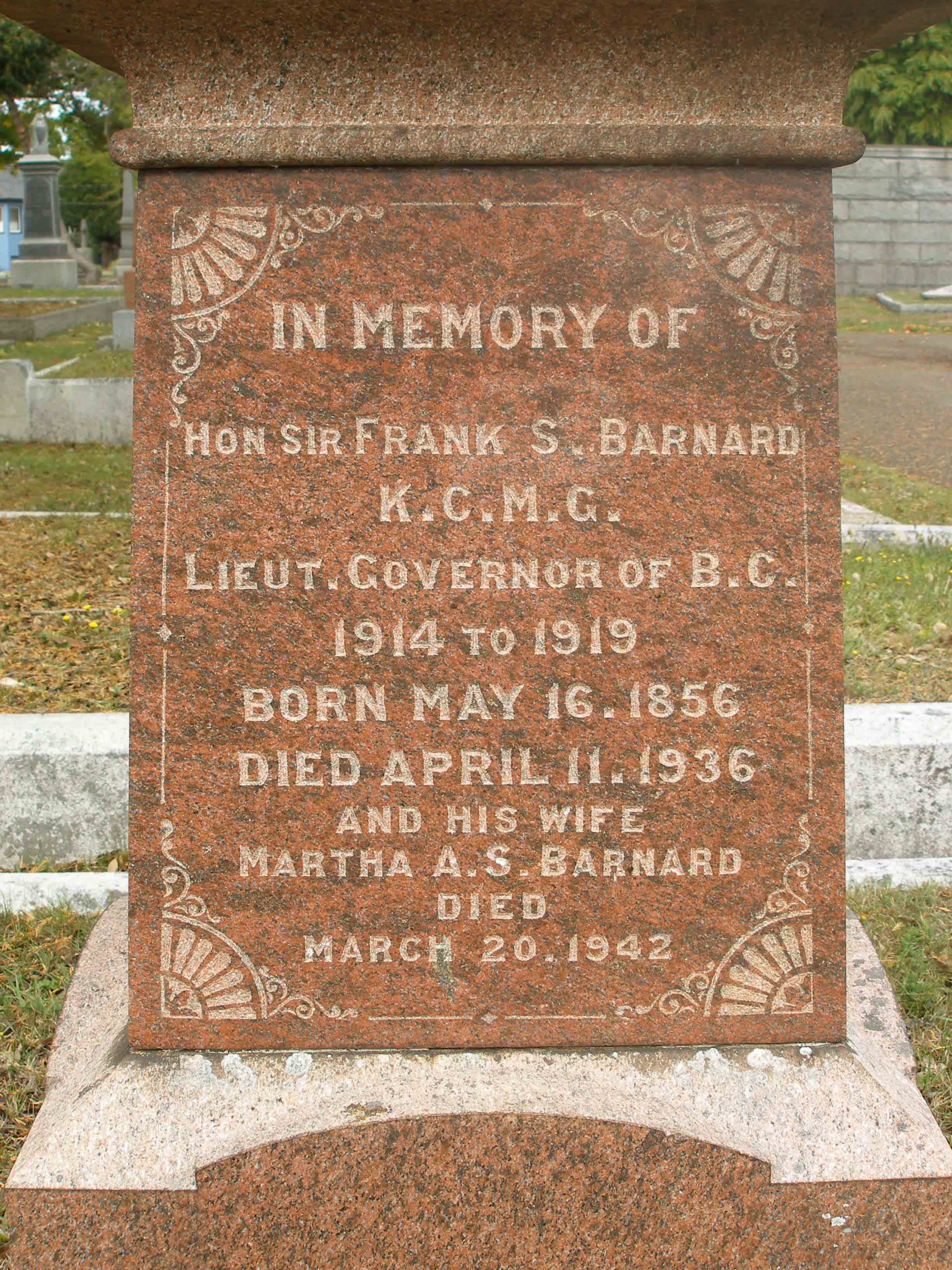 Sir Frank Barnard tomb inscription, Ross Bay cemetery